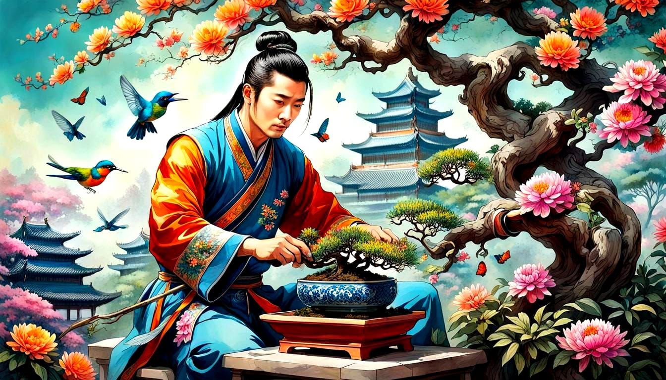 Chinese Gardener Pruning Bonsai in Qing Dynasty Palace