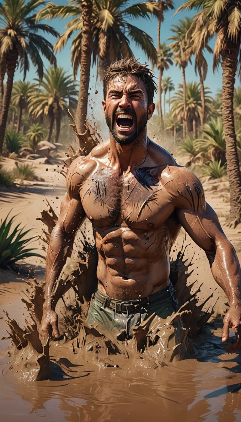 Man Shouting in Desert Oasis Swamp: Hyperrealistic Art