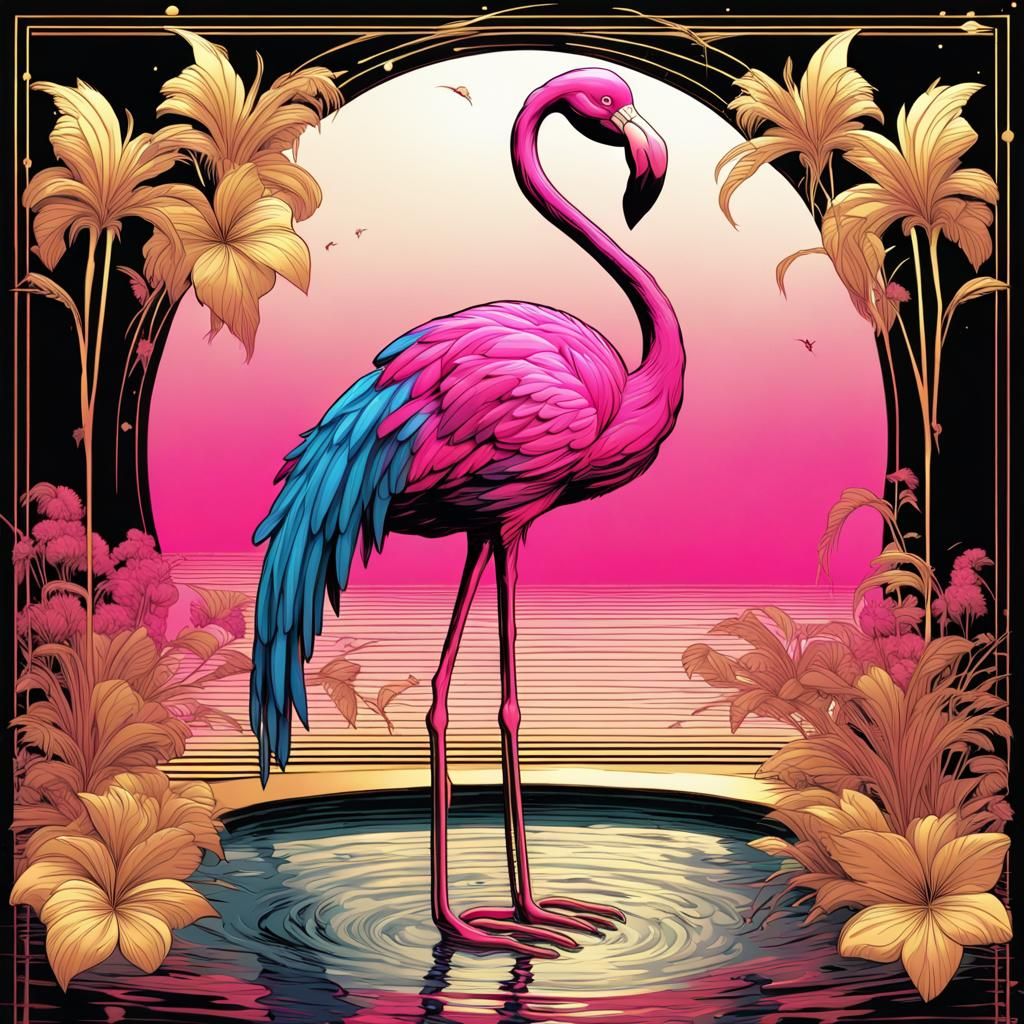 Neon Flamingo in Gold Pool, Comic Book Style
