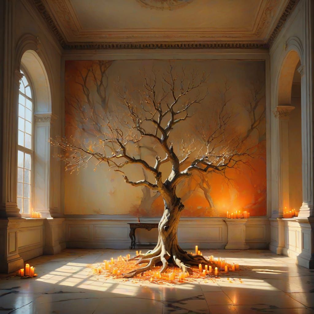 Golden Candle Tree in a Marble Room