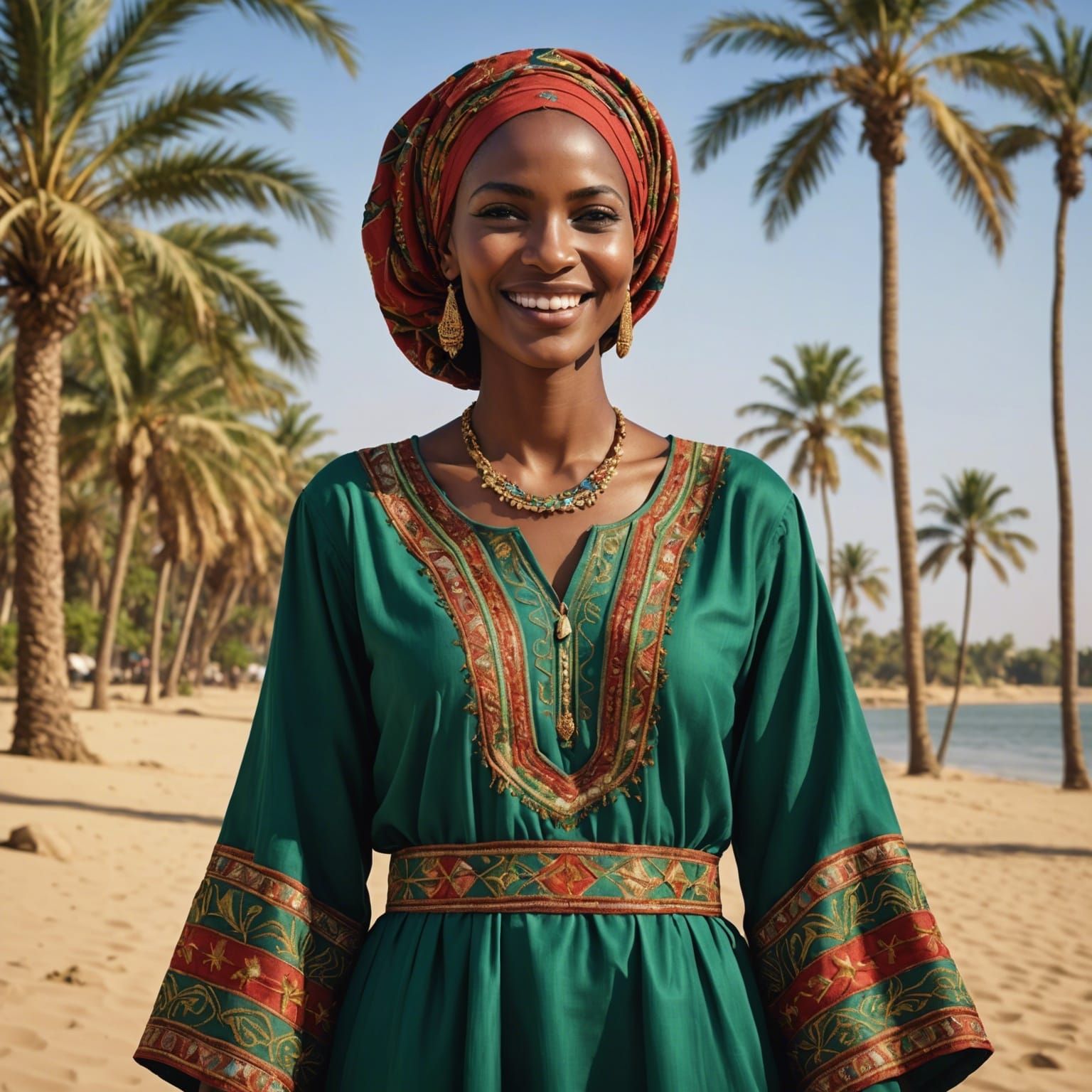Smiling Sudanese Woman in Traditional Dress by Nile