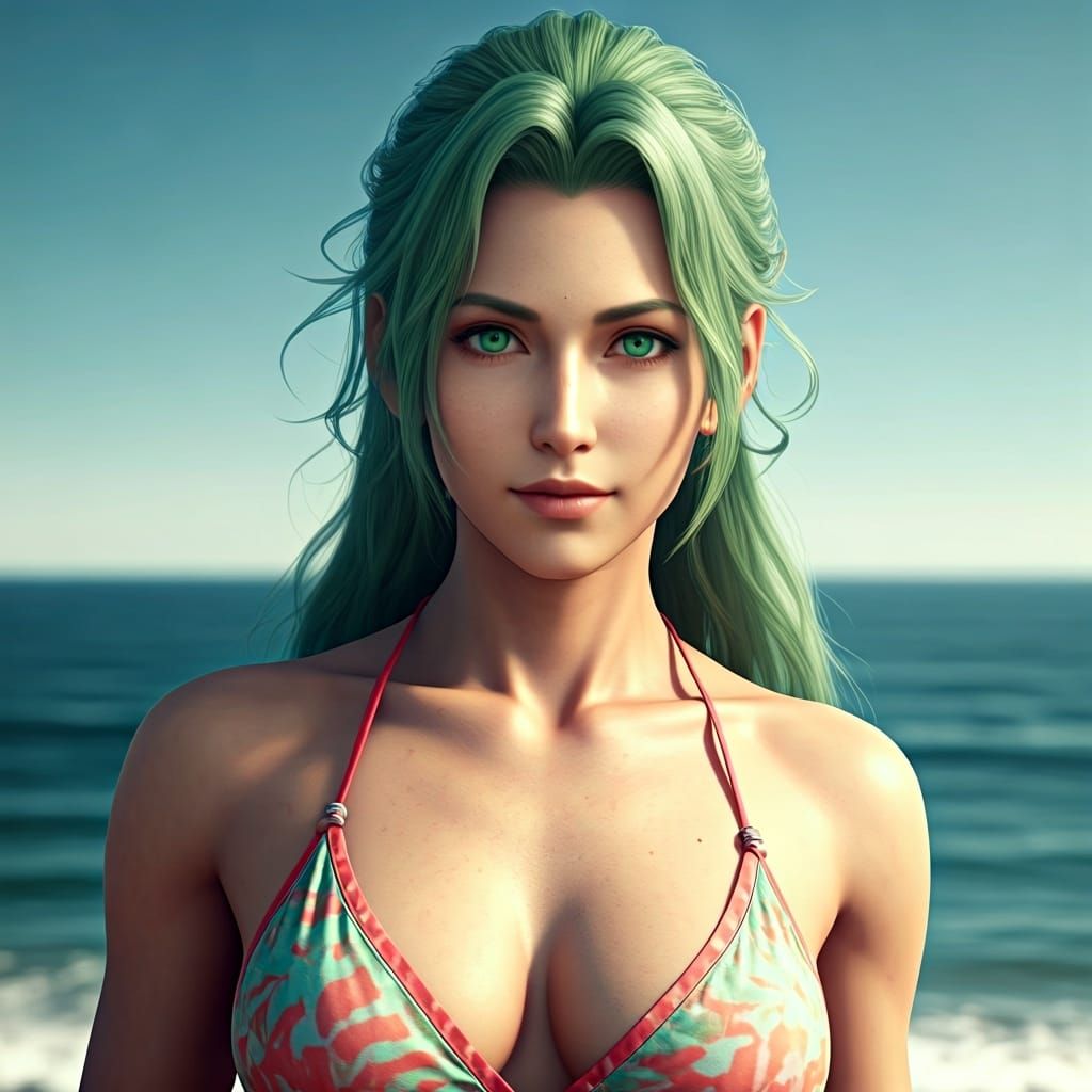 Green-Haired Terra in Beach Outfit, Photorealistic Style