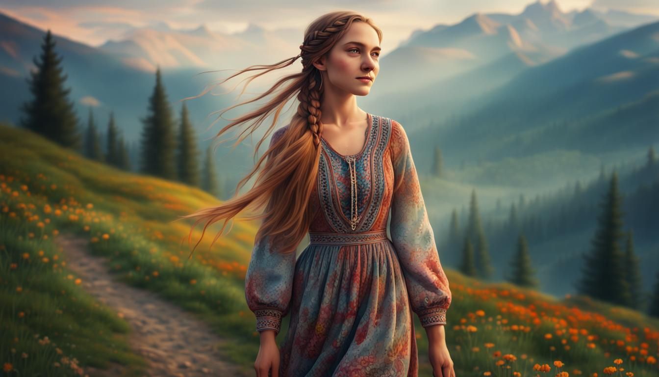 Slavic Girl with Braided Hair in Mountain Valley