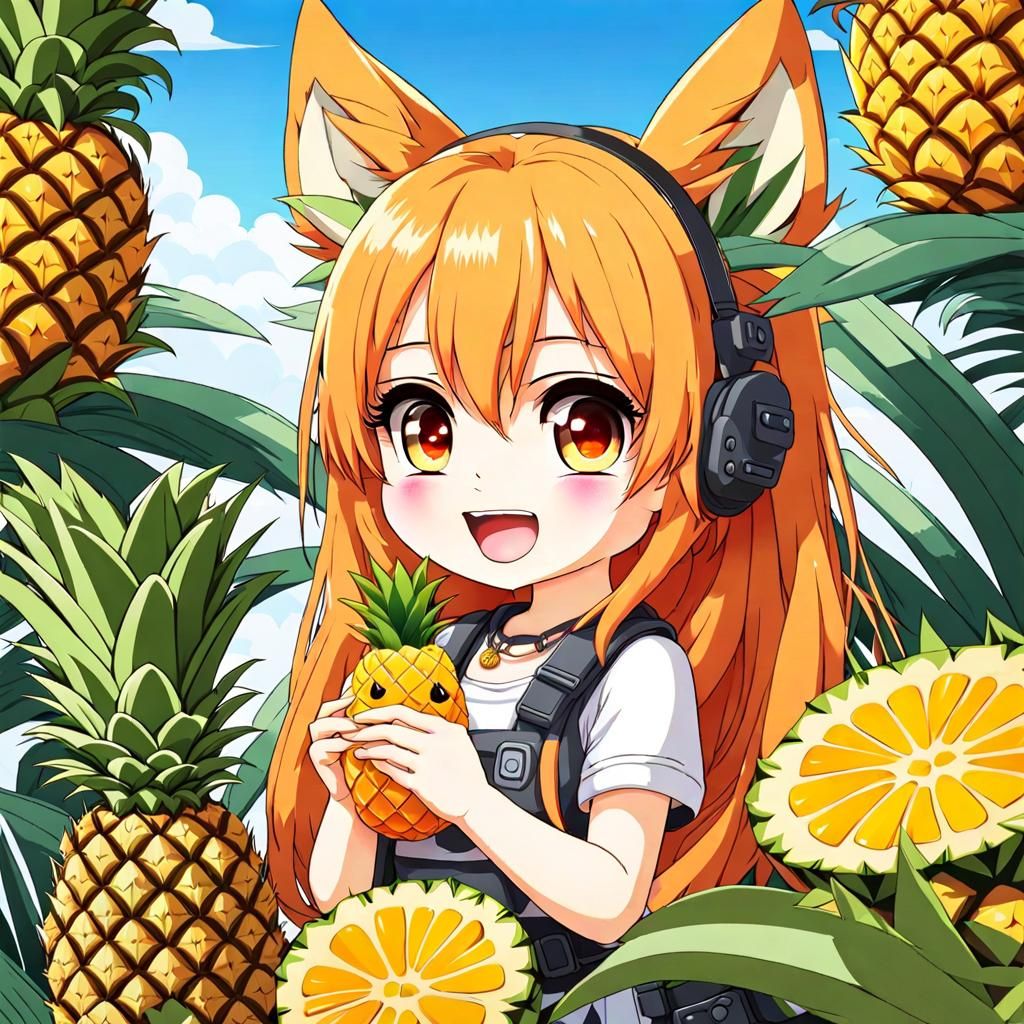 Chibi Anime Girl with Wolf Ears Eats Pineapple