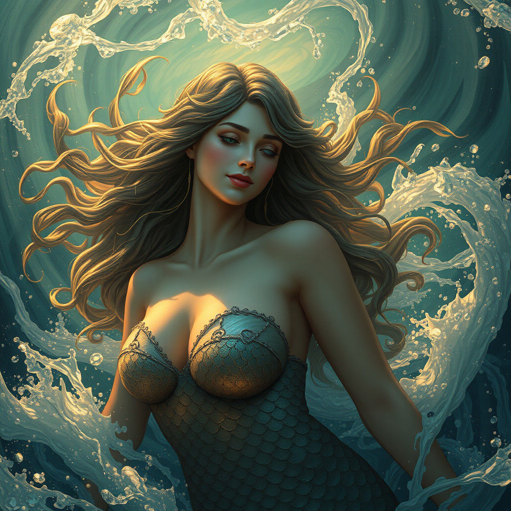 Mermaid Emerges from Ocean Depths in Art Nouveau Style