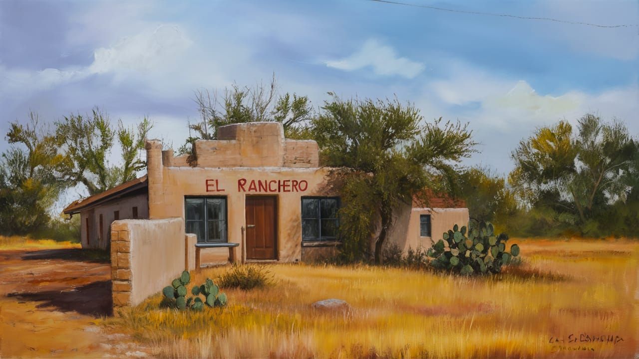 Picturesque Pueblo Home in Texas as Oil Painting