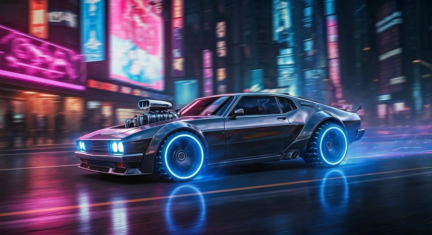 Cyberpunk Hotrod Speeds Through Neon-Lit Streets in a Hologr...
