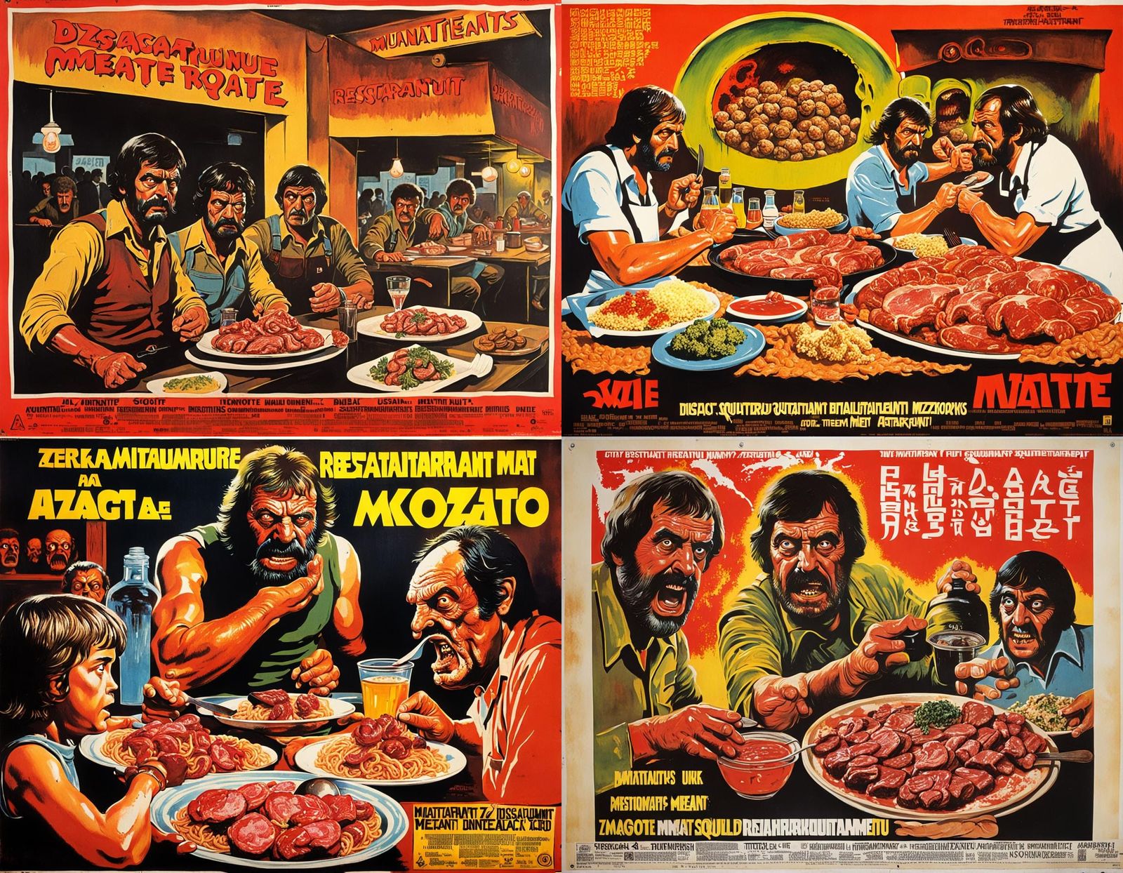 Disturbing Restaurant Scene in 1970s Greek Poster Style