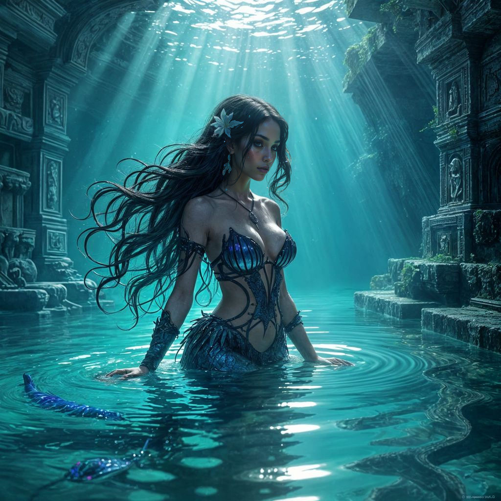 Goth Mermaid in Mayan Ruins: Hyperrealistic Fantasy