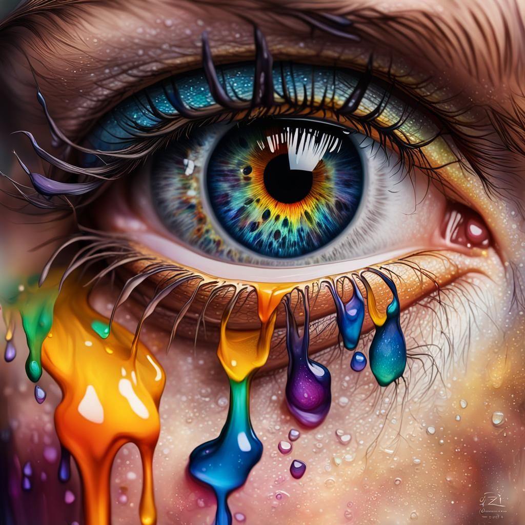 Colorful Tear Drops from Sad Eye: Photorealistic Art