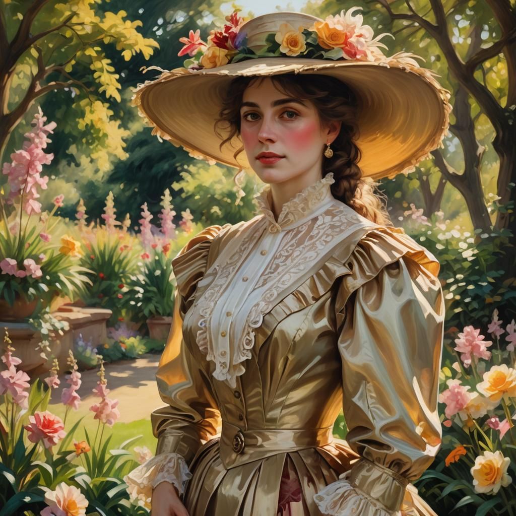Victorian Woman in Garden, Oil Painting Portrait