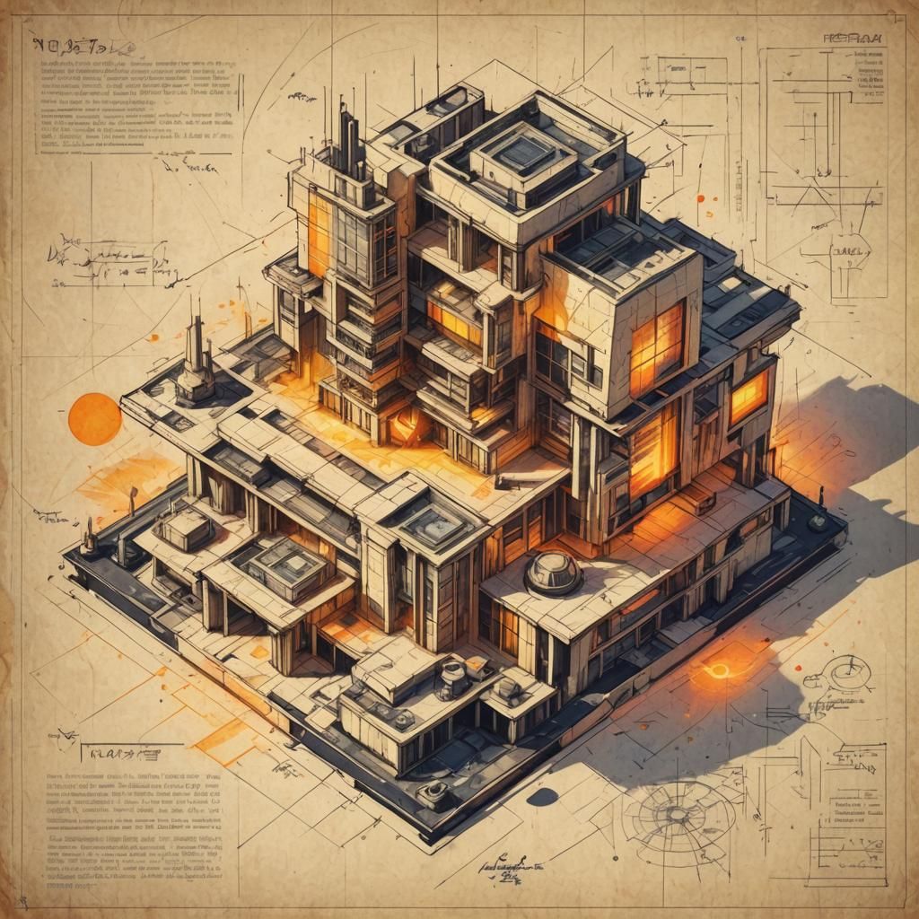 Futuristic Building Blueprint in Synthwave Neon Style
