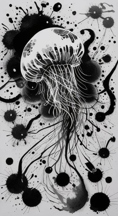 Jellyfish in Abstract Ink Splatter Graphic