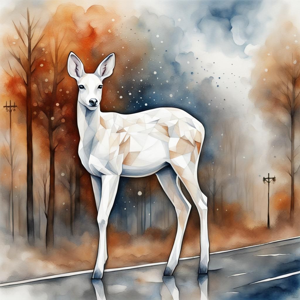Doe Crossing Street in Autumn Landscape