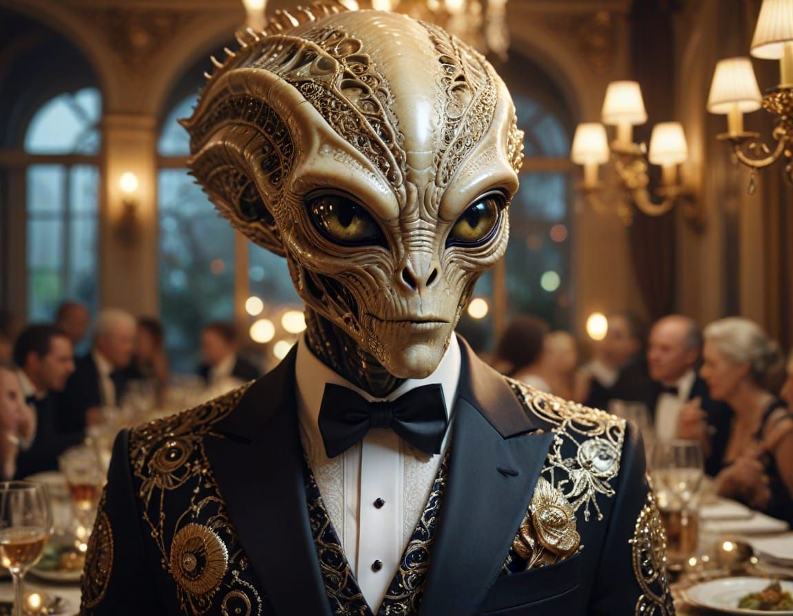 Anthropomorphic Alien in Tuxedo at Dinner Party