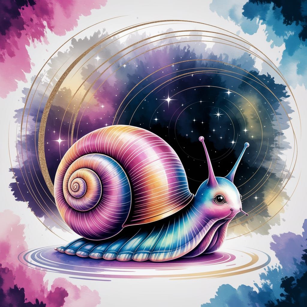 Colorful Snail in Watercolor Cosmic Scene