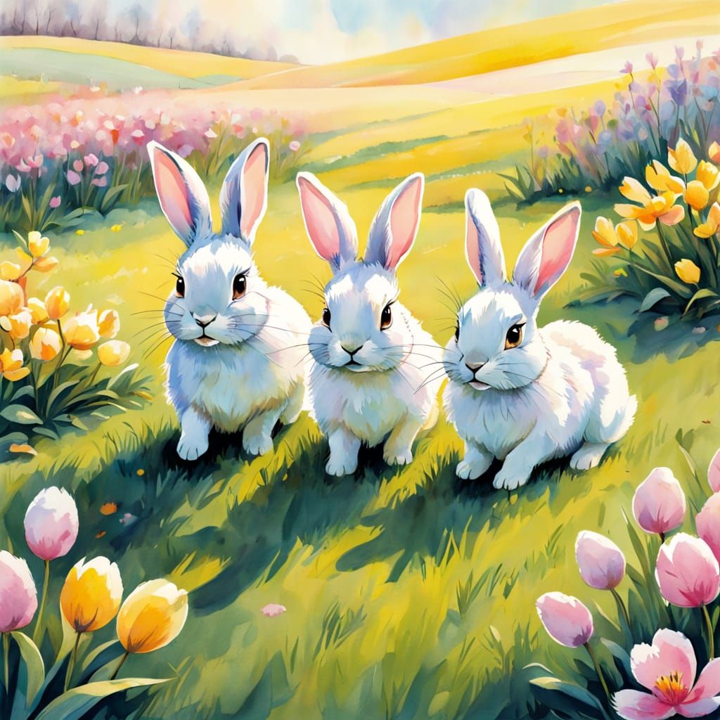 Whimsical Spring Bunnies in Dreamy Watercolor Style