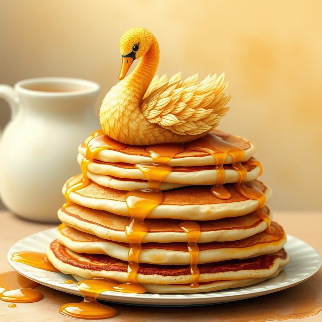 Golden Honey Swan Perched on Fluffy Pancakes in Whimsical Ar...
