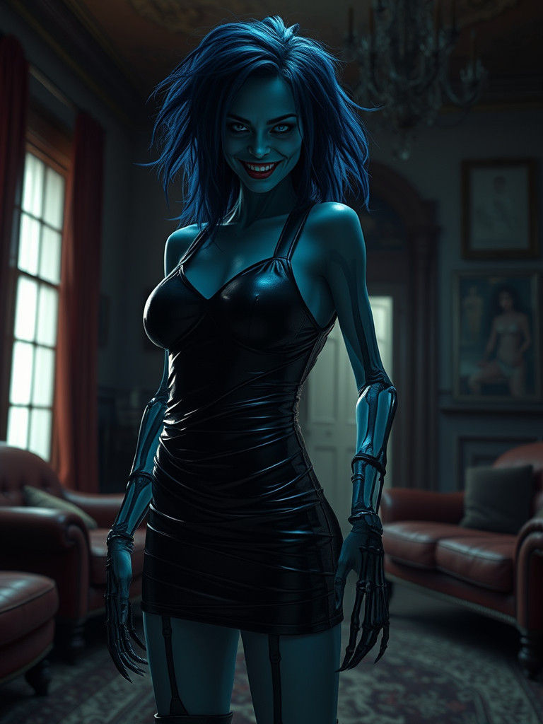 Gothic Horror Female Specter in Darkened Living Room