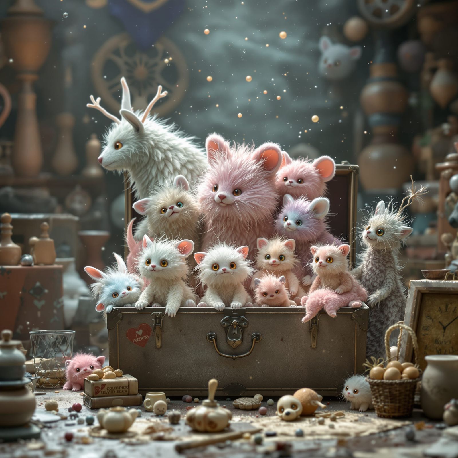 Fluffy Pastel Creatures in Vintage Toy Chest