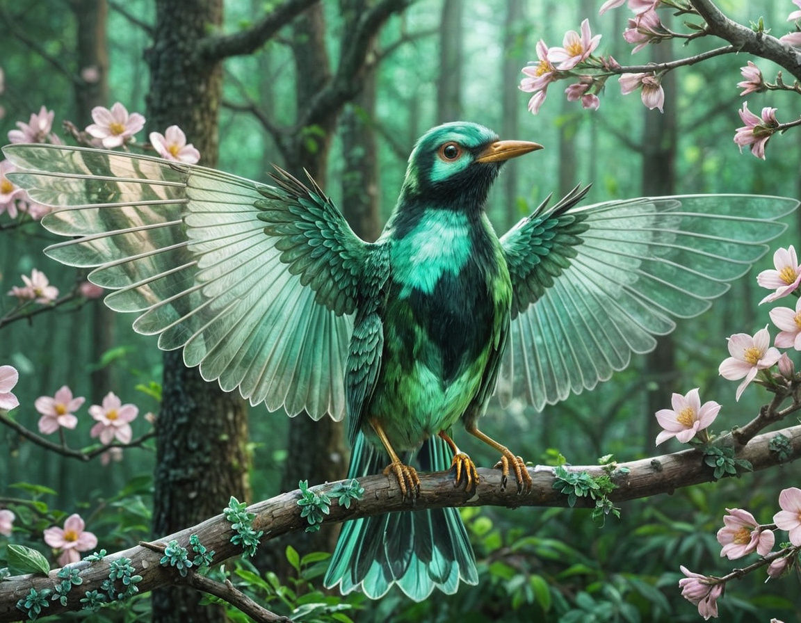 Emerald Crystal Bird on Flowered Branch: Digital Painting