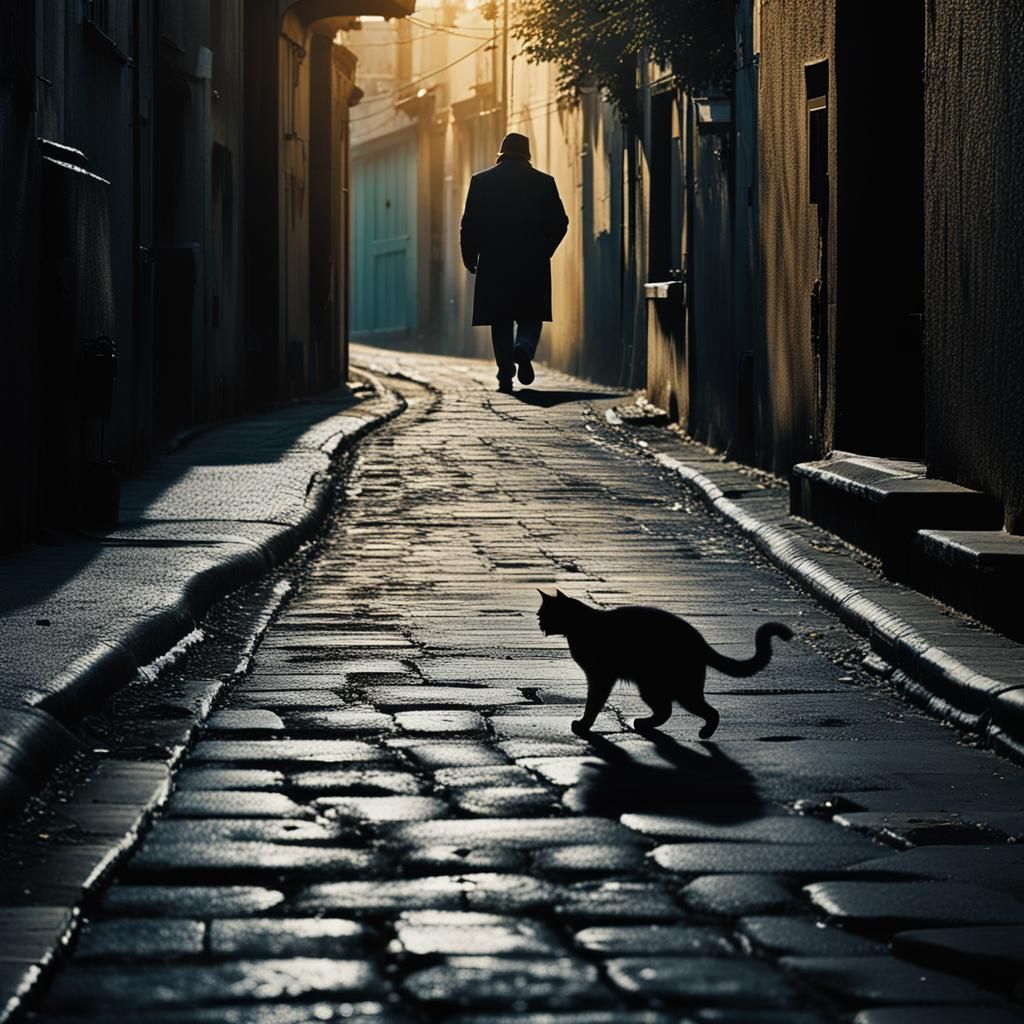 Black Cat Strutting Through Alley: Hyperrealistic Photograph...