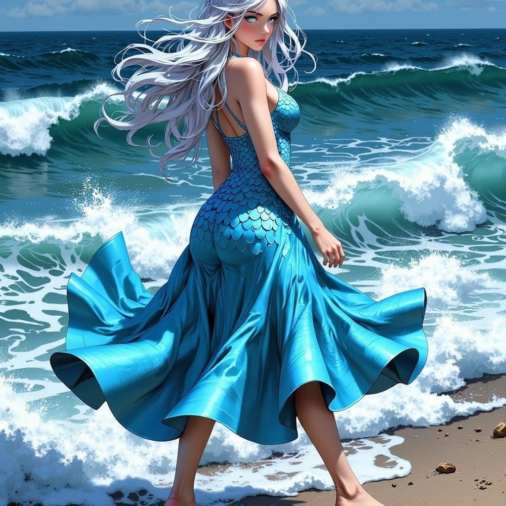 Anime Mermaid on a Stormy Shore