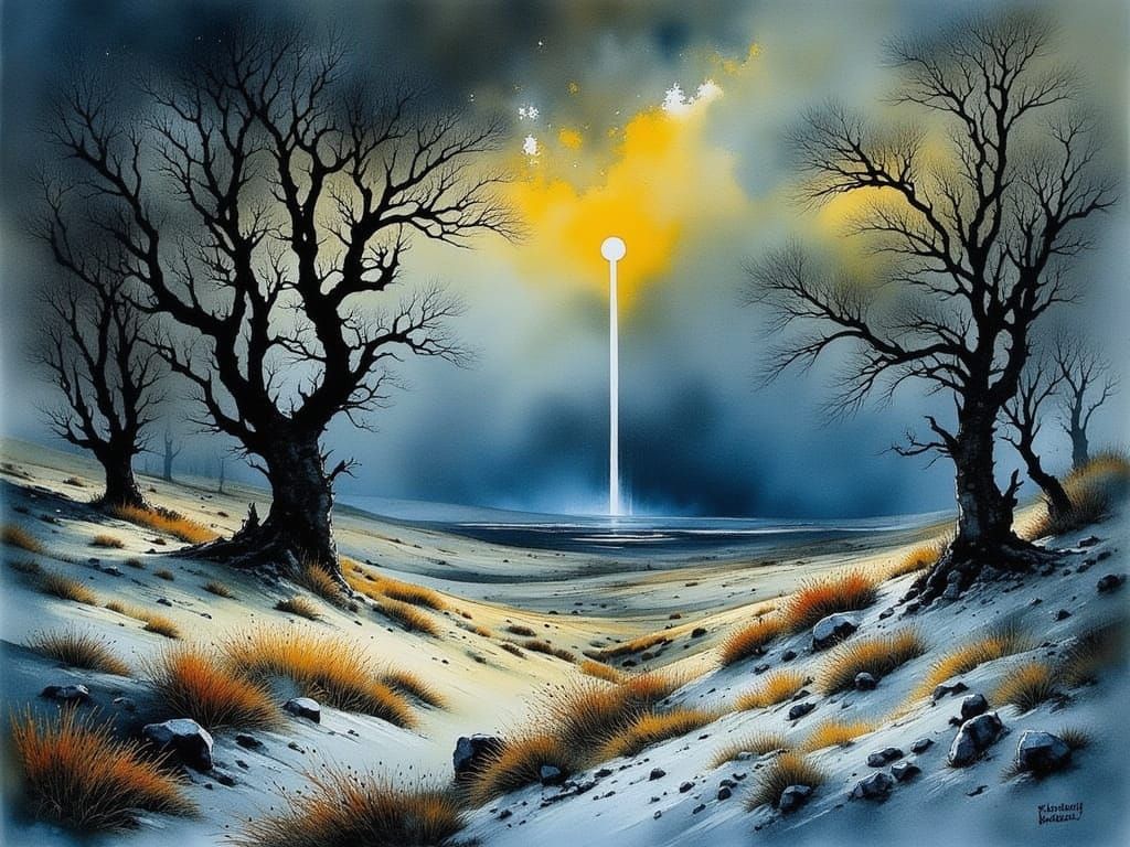 Stormy Moorland Landscape in Intricate Watercolor Style