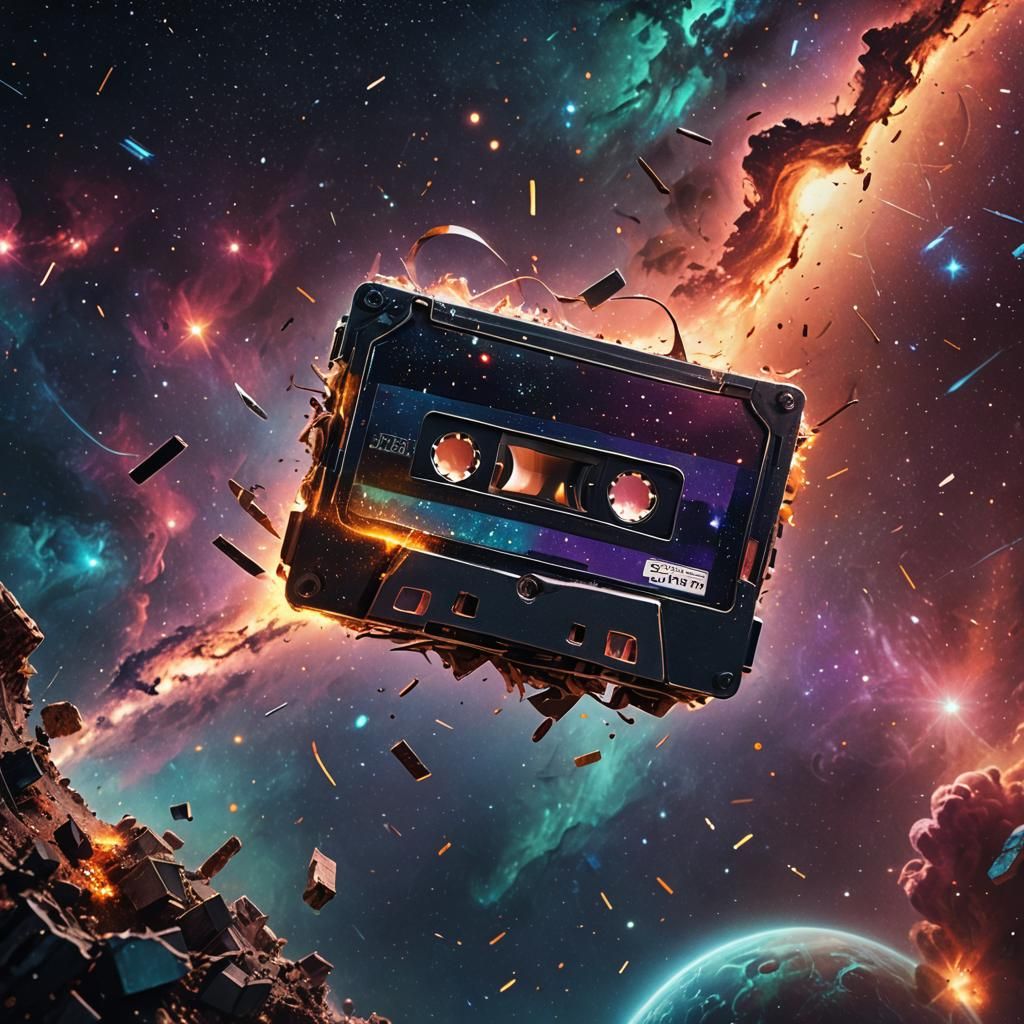 Cassette Floats Through Starry Nebula in Space
