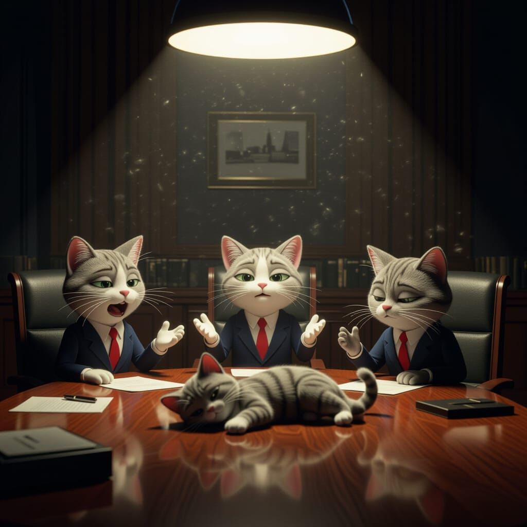 Feline Executives in Chaotic 4 AM Boardroom Meeting