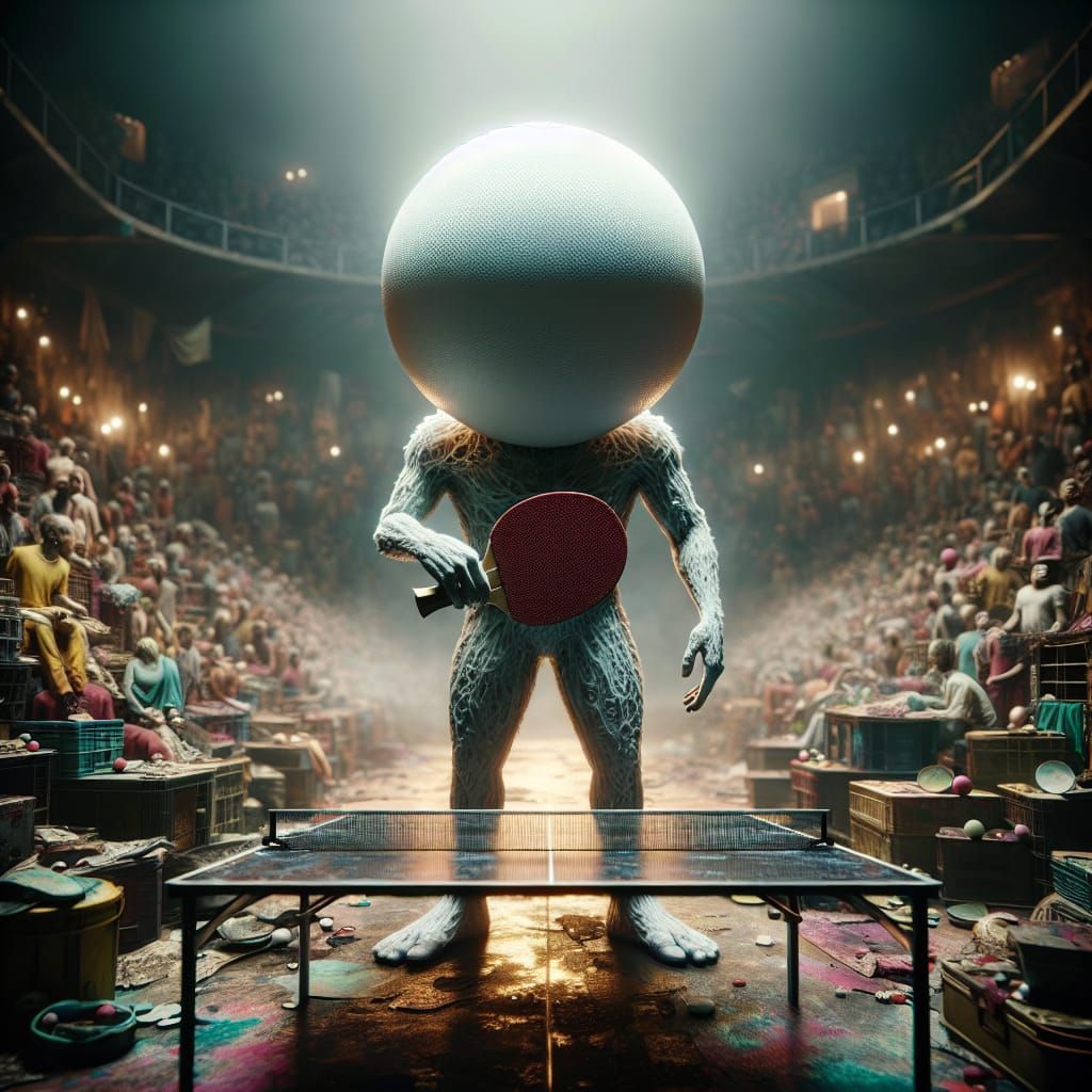 Hyperrealistic Ping Pong Ball Person in Dystopian Stadium