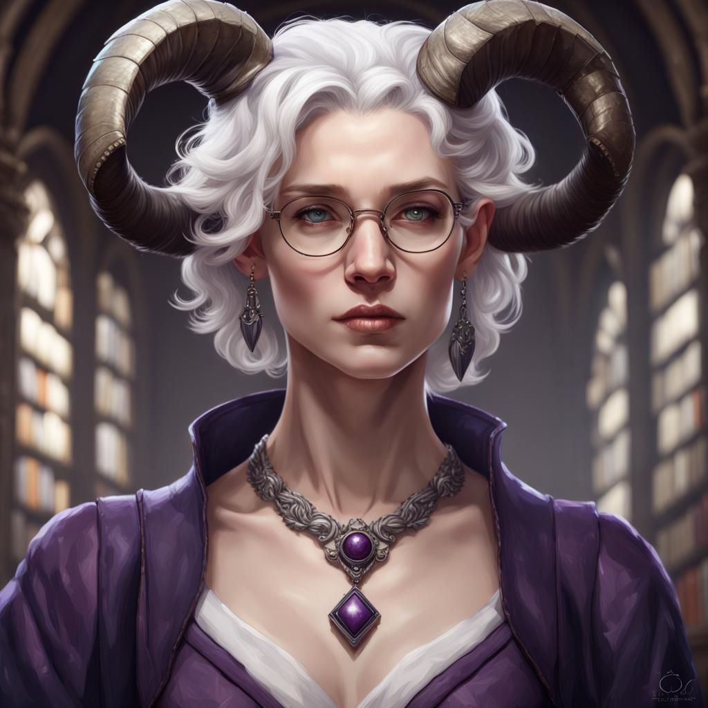 Tiefling Portrait in a Medieval Library, Detailed Digital Ar...