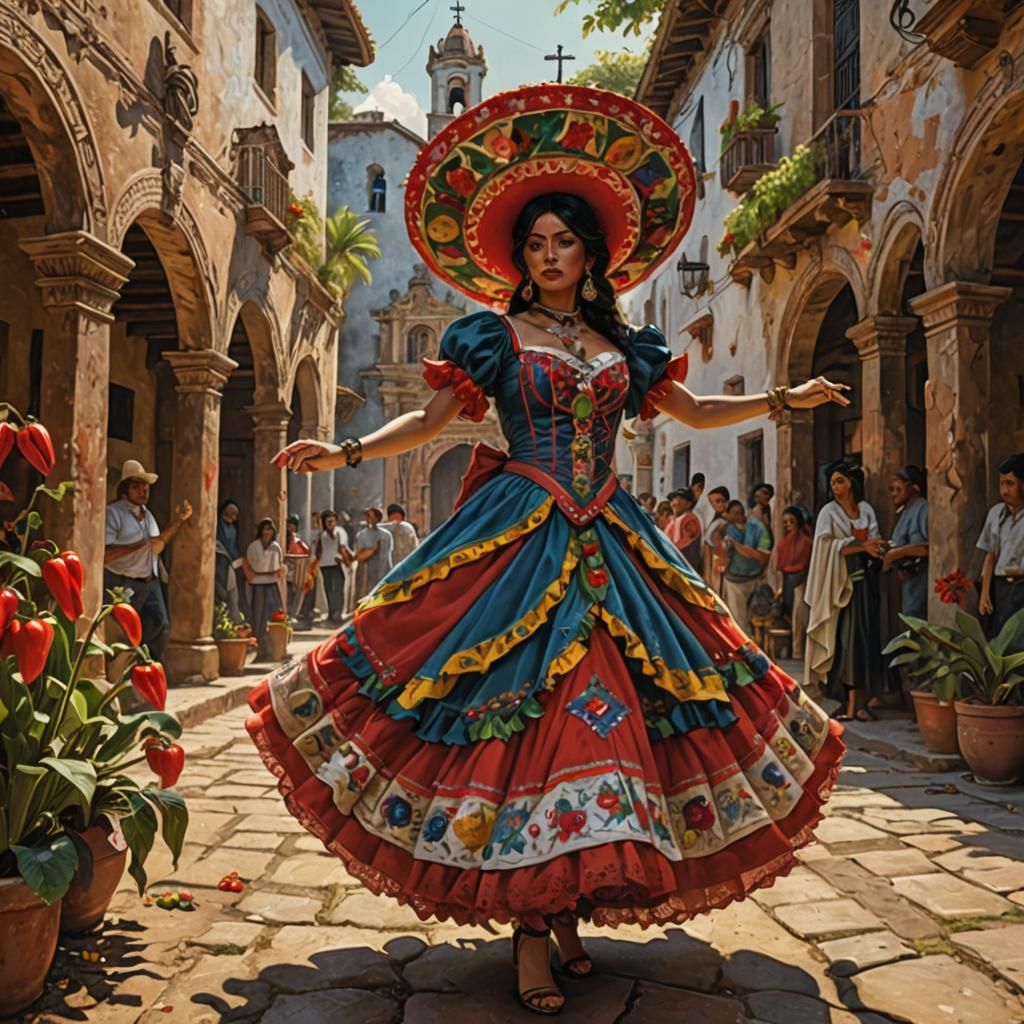 Hyperrealistic Pepper Senorita Dances in Mexican Village