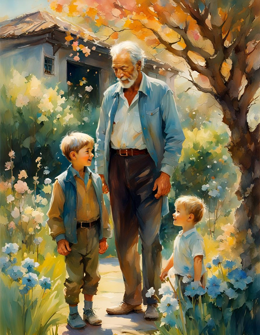 Watercolour Painting: Grandfather and Grandson in Spring Gar...
