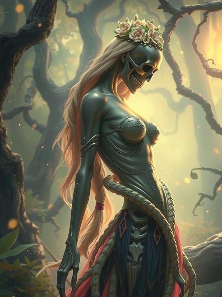 Mystical Skeleton Adorned with Floral Headpiece in a Dreamli...