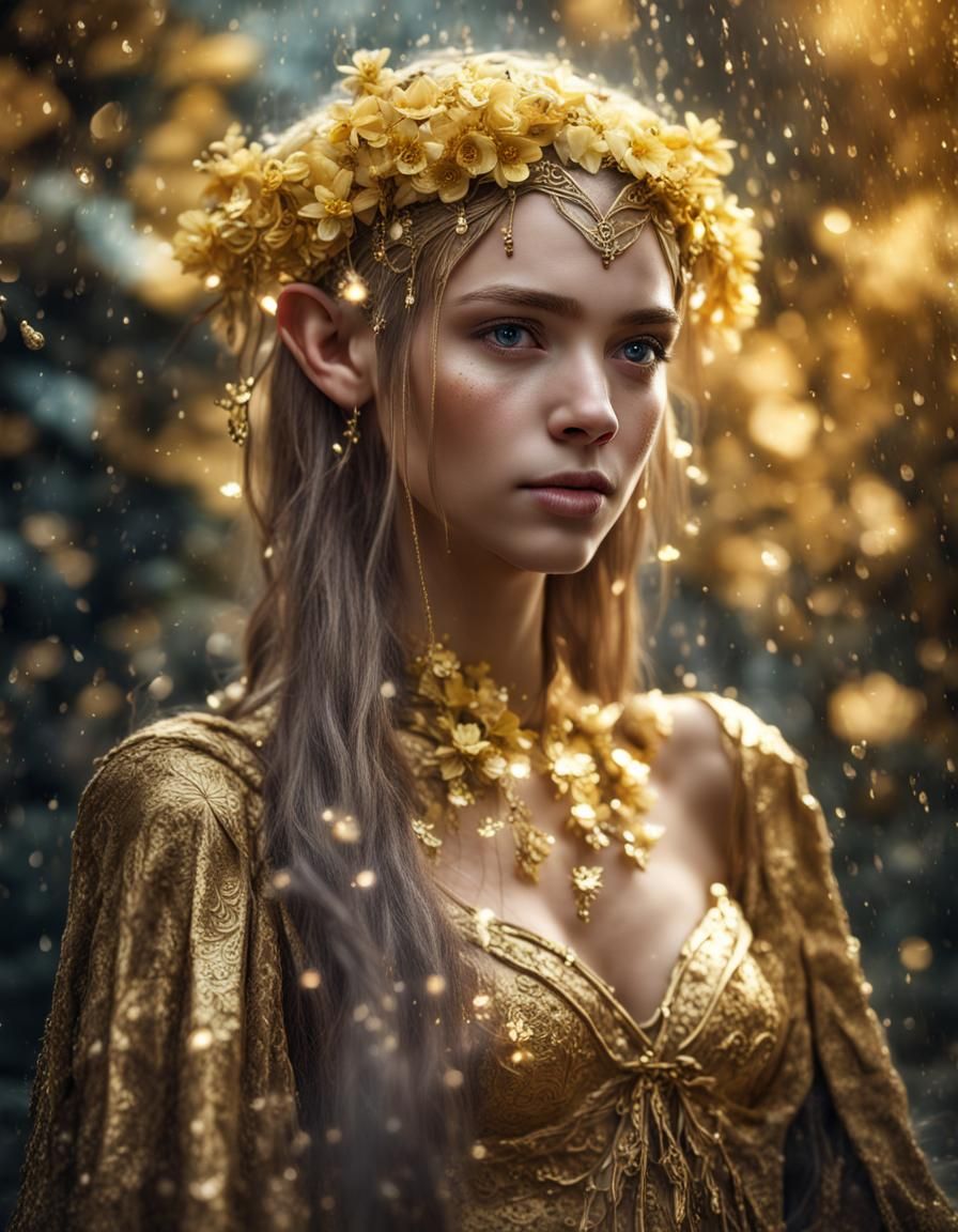 Hyperrealistic Elf Princess Portrait in Golden Floral Rain