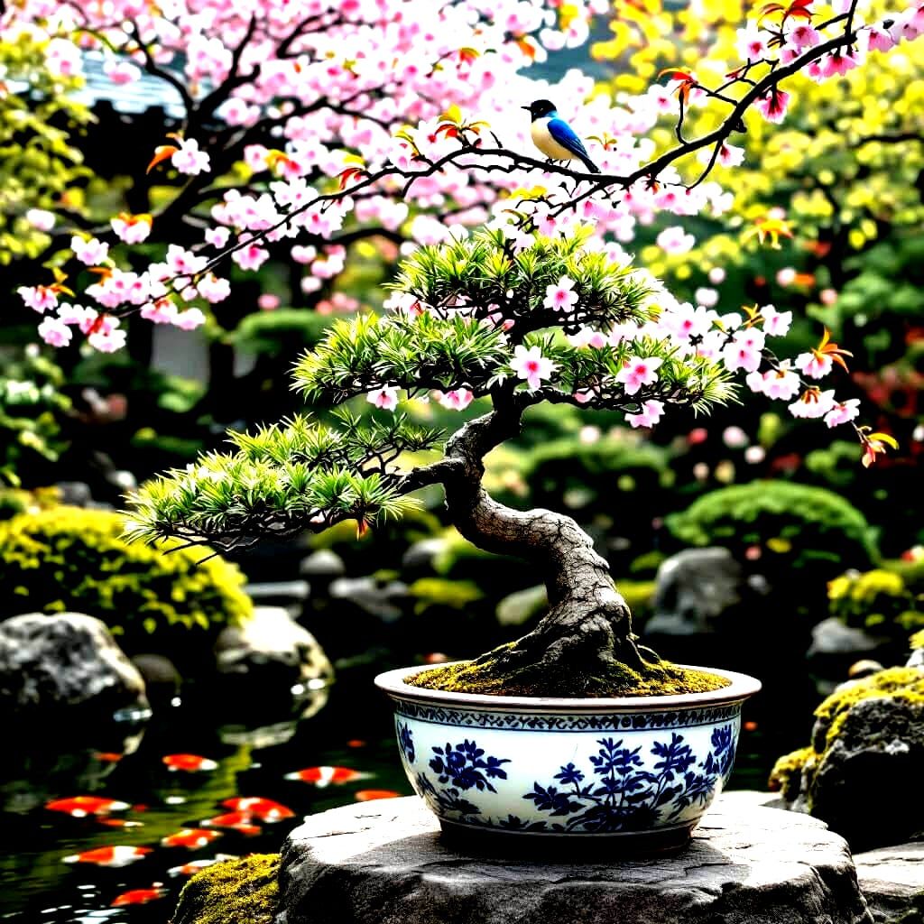 Ancient Bonsai Maple in Zen Garden by Koi Pond