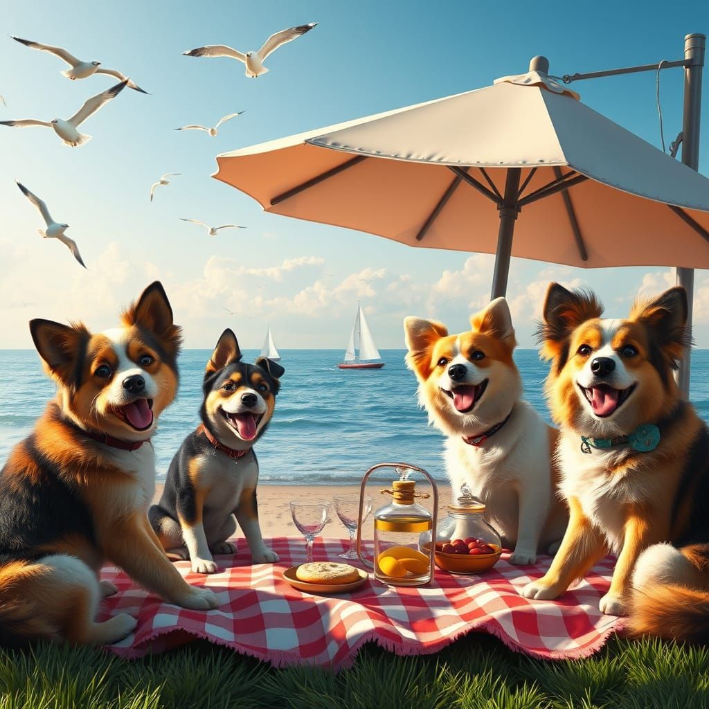 Dogs' Picnic by the Sea: Detailed Digital Painting