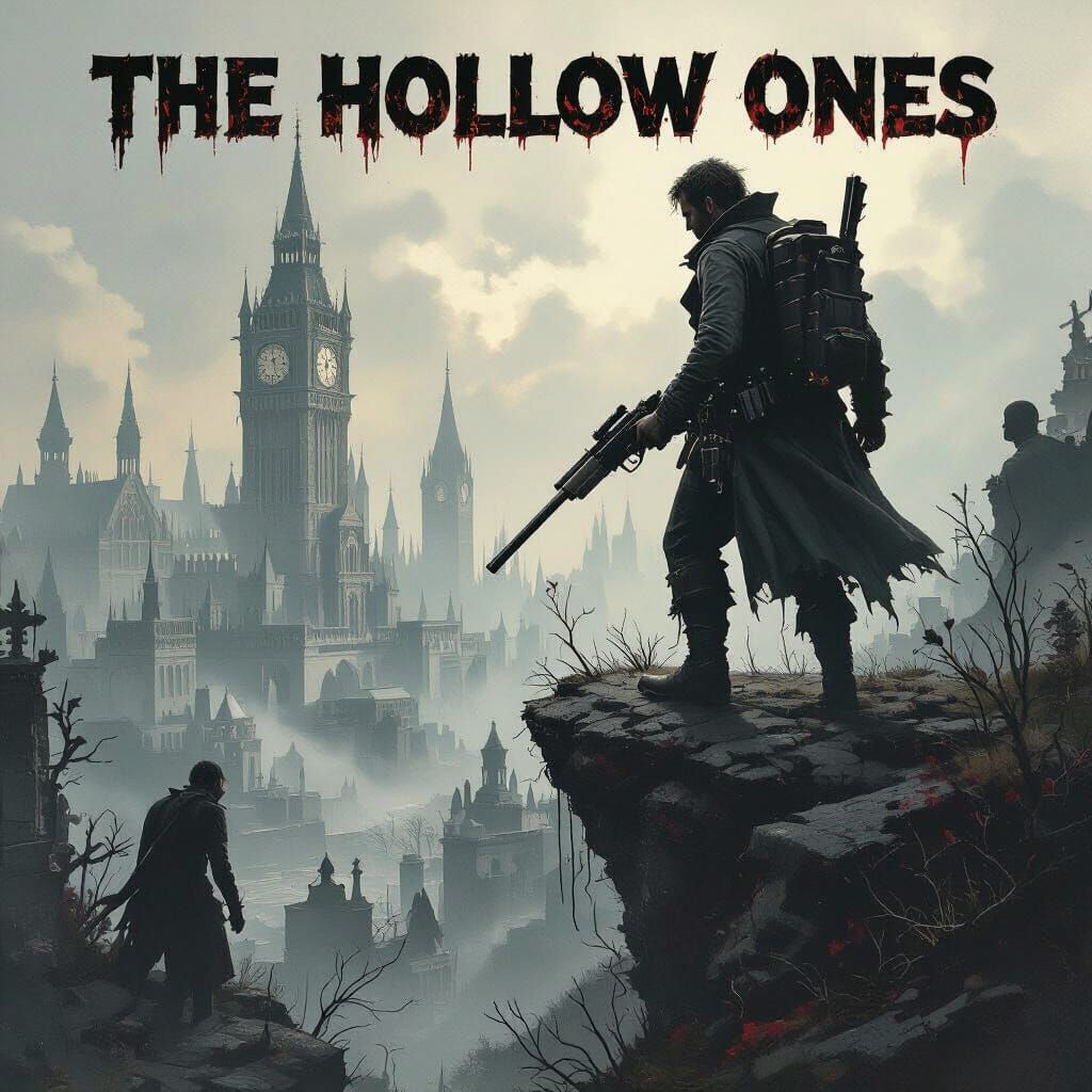 Terrified Man in Ominous Landscape with Dramatic Shading