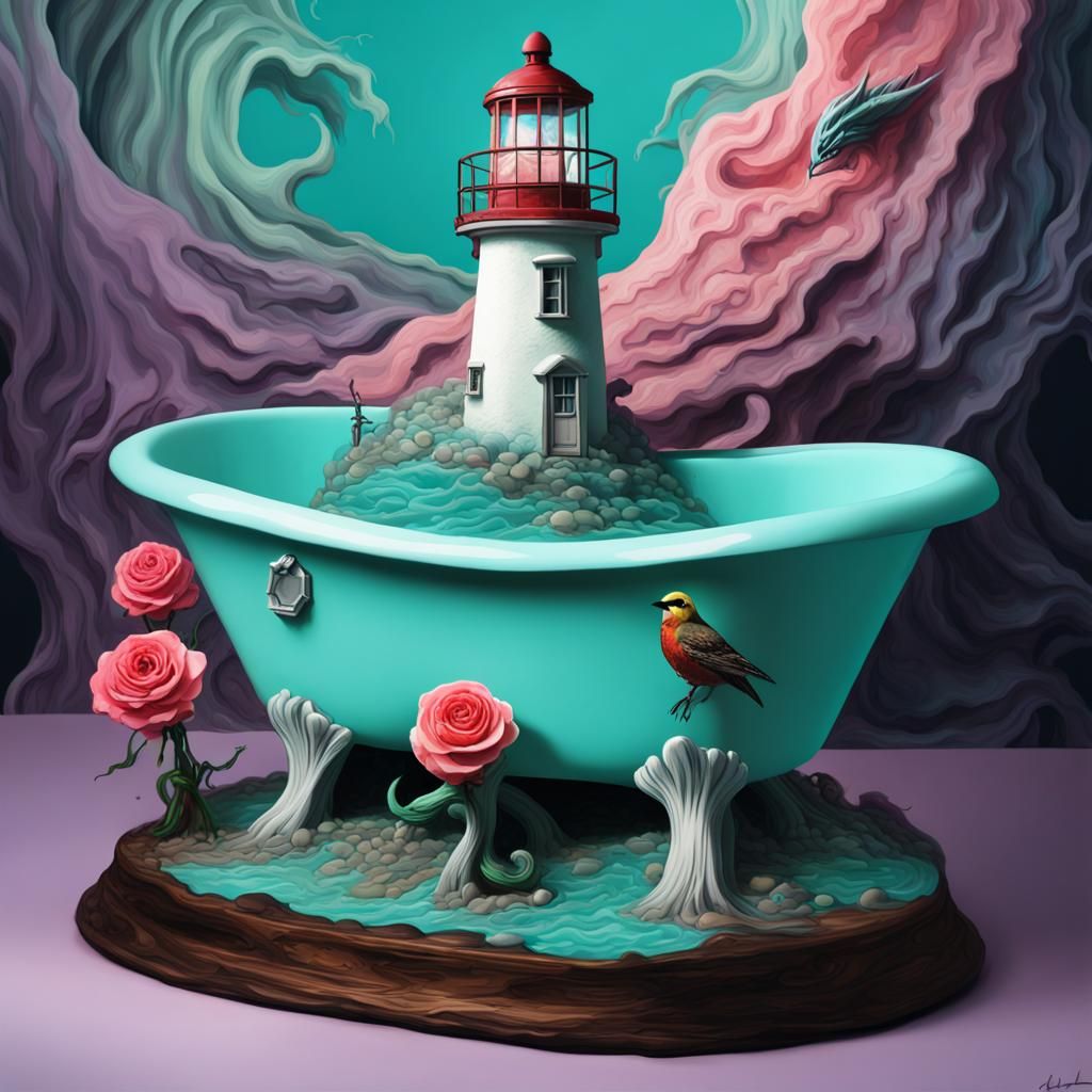 Surreal Lighthouse Scene with Cake and Bathtub
