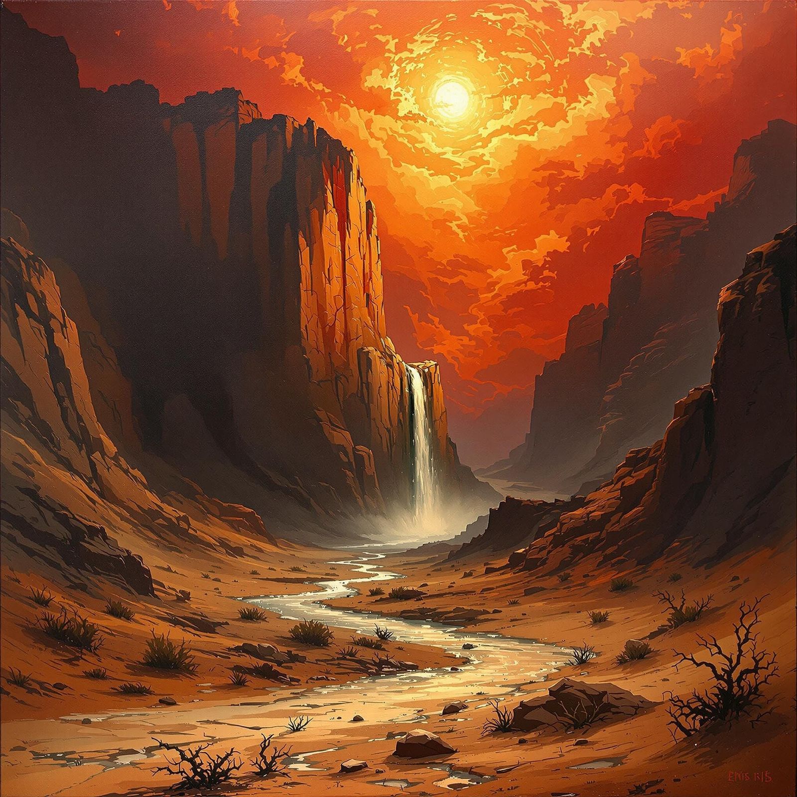 Burnt Umber Landscape with Majestic Cliff and Golden Light