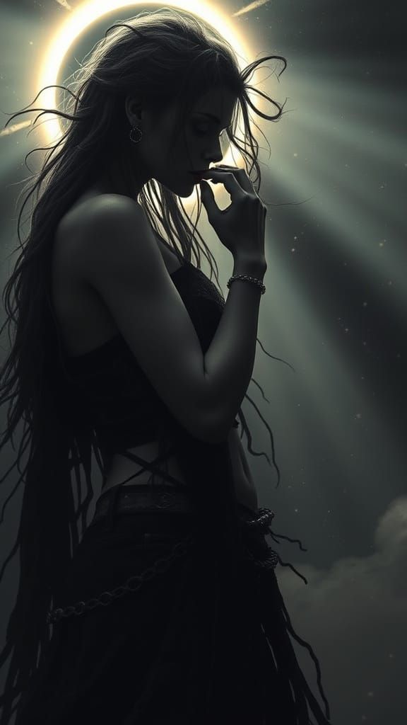 Ethereal Goddess with Eclipse Eyes and Shadowy Embrace