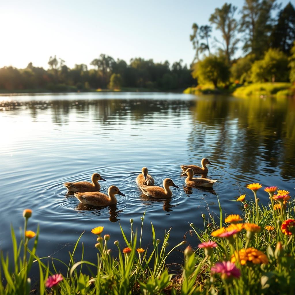 Peaceful Lake Landscape with Adorable Ducks