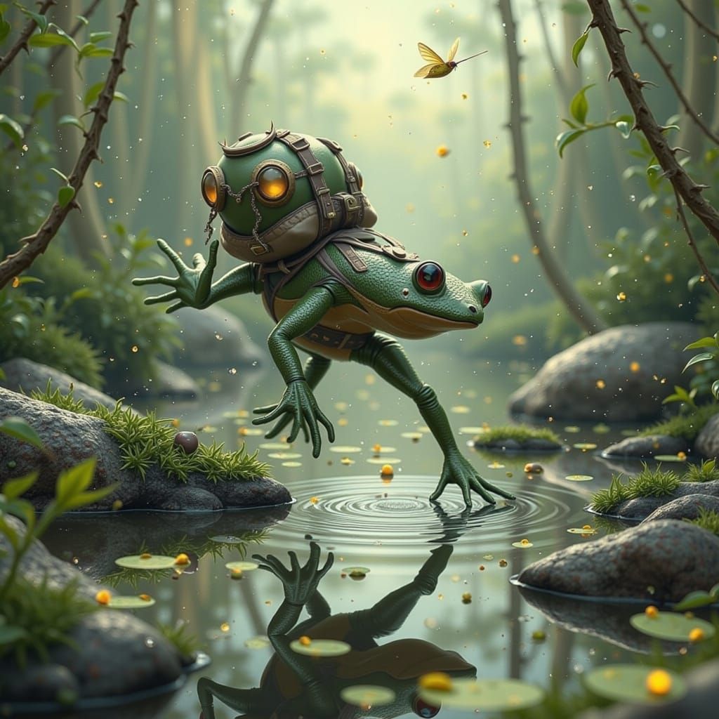 Frogger Conquers Ancient River Monsters in Fantastical Art