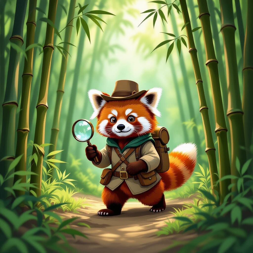 A red panda, dressed as a Victorian-era explorer with a tiny...