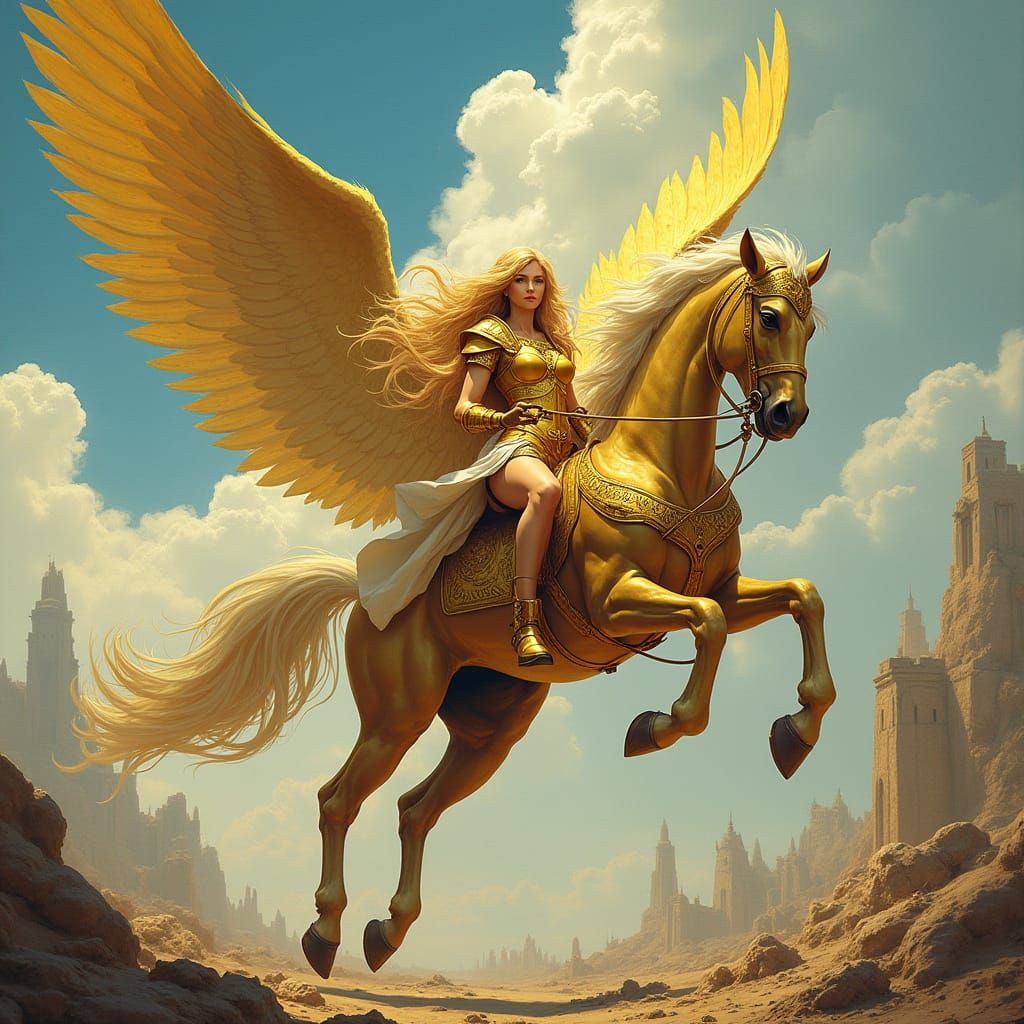 Golden Valkyrie Descends Amidst Battle Wreckage in Art Nouve...
