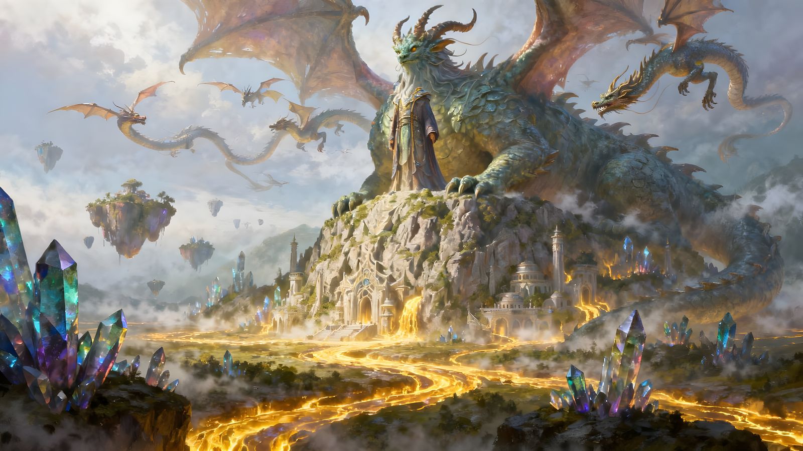 God of Dragons and Crystalline Mountains in Surreal Style