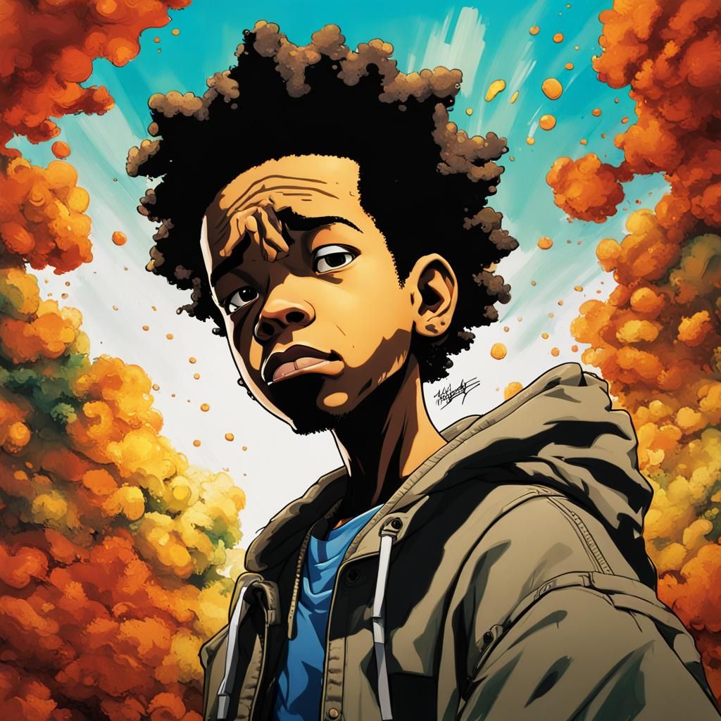 Hyperrealistic Huey Freeman Splash Art Portrait