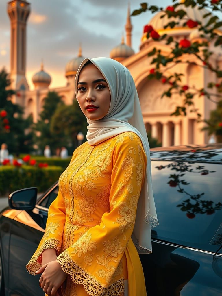 Elegant Malay Woman in Yellow Lace and Ivory Hijab, Beside a...