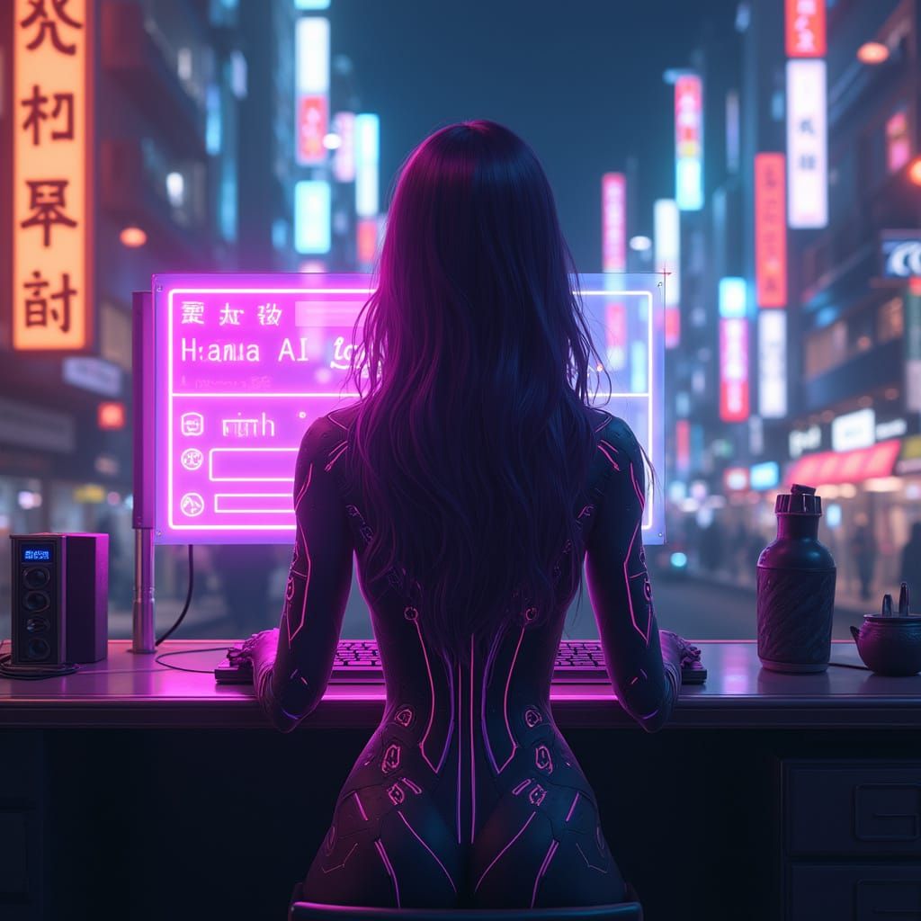 Cyberpunk AI Character in Neon Tokyo Scene
